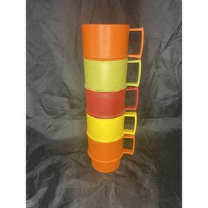 5 VTG TUPPERWARE HARVEST Orange Cranberry Green STACKABLE COFFEE MUGS CUPS 1312
